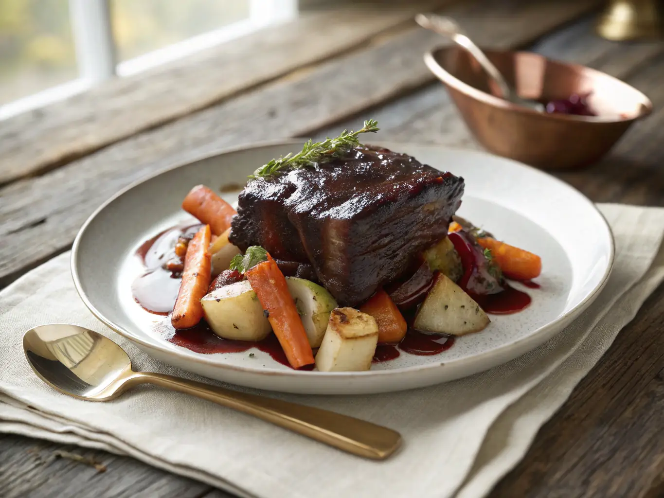 A serene image of a winter-themed dish with root vegetables, braised short ribs, and a sprinkle of fresh herbs, evoking the warmth and richness of the season. The dish is presented on a dark wooden board.
