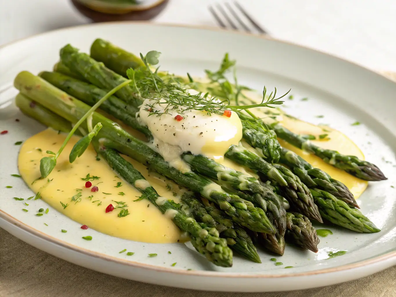 A vibrant image showcasing a spring-themed dish with asparagus, peas, and edible flowers, highlighting the freshness and colors of the season. The dish is elegantly plated on a white ceramic plate.