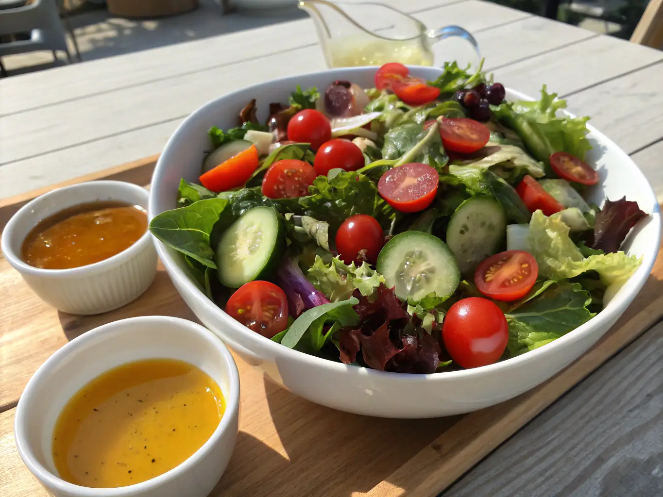 A vibrant close-up shot of a summer salad featuring heirloom tomatoes, fresh basil, and a light vinaigrette, showcasing the bright colors and textures of summer produce. The salad is artfully arranged on a rustic wooden board.