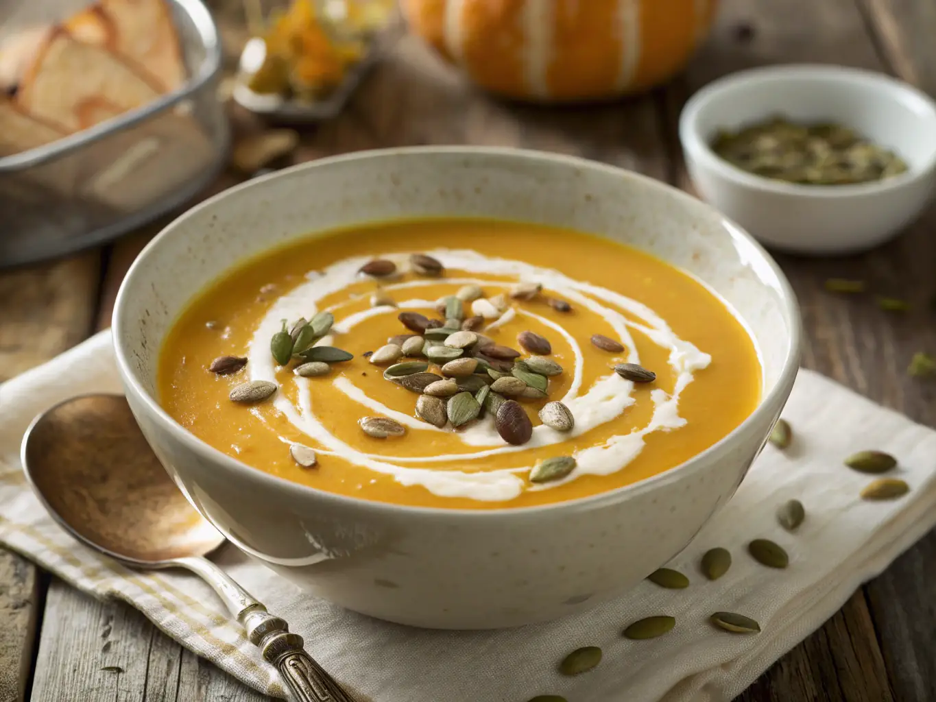 A cozy image of a butternut squash soup served in a ceramic bowl, garnished with toasted pumpkin seeds and a swirl of cream. The background features warm, autumnal colors and soft lighting.