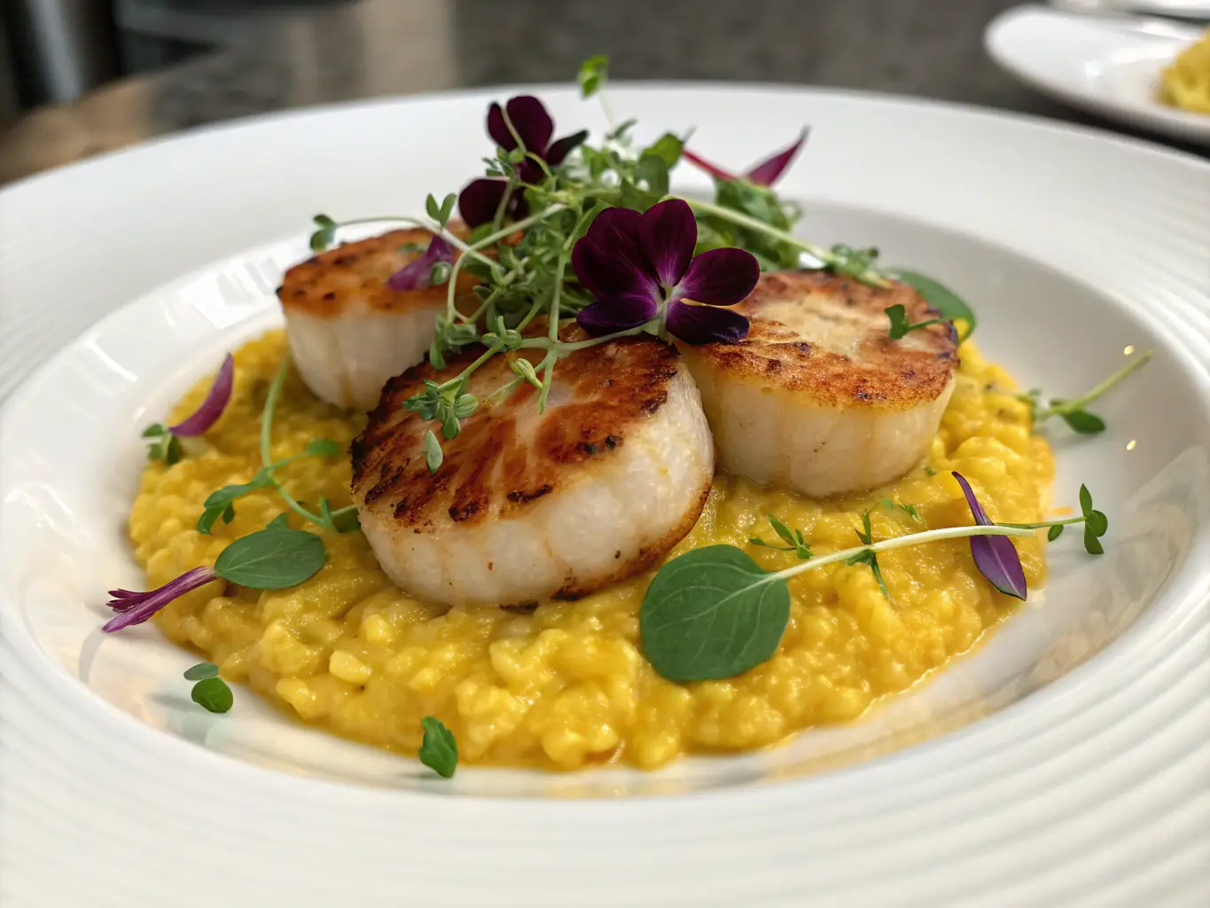 An elegant plate featuring pan-seared scallops with a winter citrus reduction, accompanied by seasonal vegetables. The presentation is refined, highlighting the delicate flavors of winter.